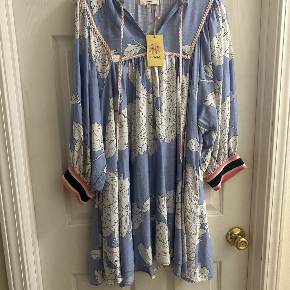 Entro Blue and White Floral Dress with Pink Accents